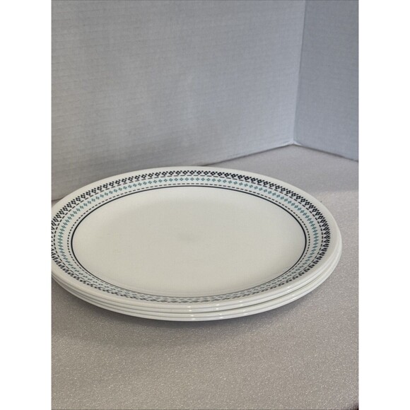 4 Corelle by Corning 10" Dinner Plates Folk Stitch Pattern Blue Geometric - Picture 1 of 8